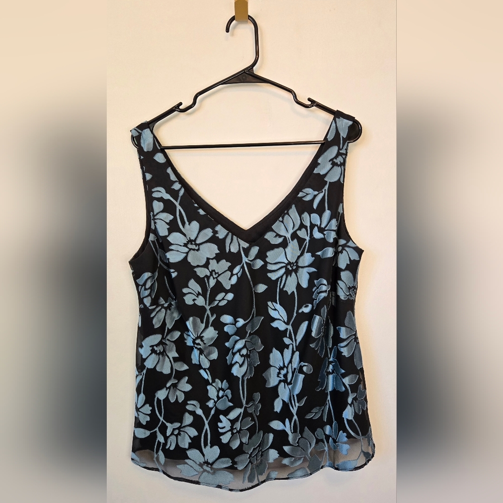 214. Alex Evenings Floral V-Neck Blouse - Blue and Black